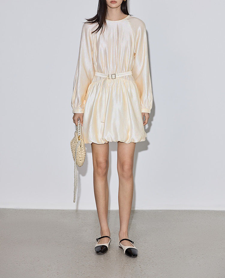 Spring new French drape temperament ragged lantern sleeves belt form puff dress dress