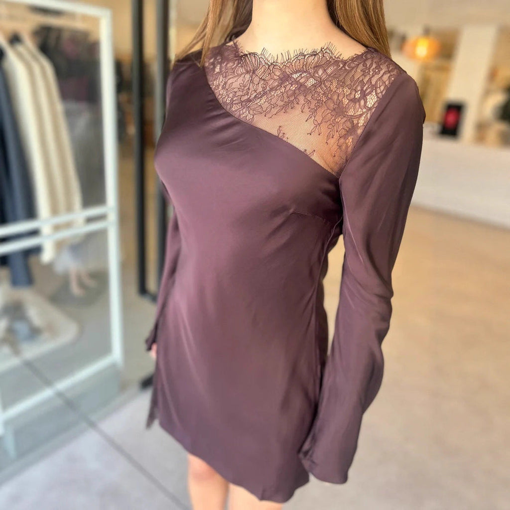 Satin Lace Splicing Flared Sleeve Short Skirt Sexy Pure Style Slim Dress