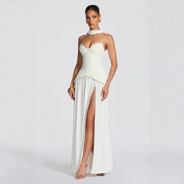New gauze fishbone tube top dress waist backless streamer sexy European and American split skirt