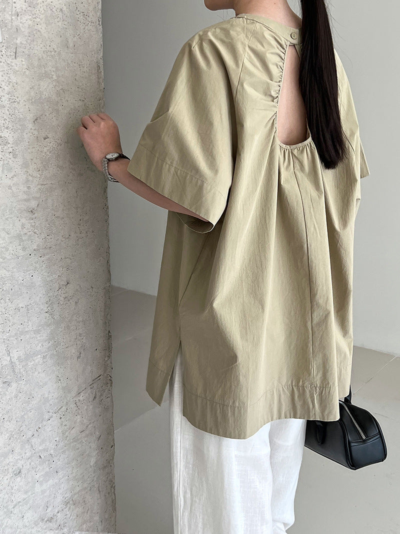Korean version of the back hollow short-sleeved shirt women's summer new lazy wind loose backless shirt top