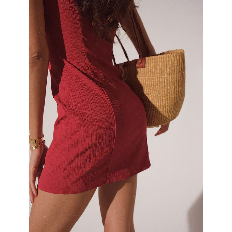 Textured v-neck sleeveless short women's dress