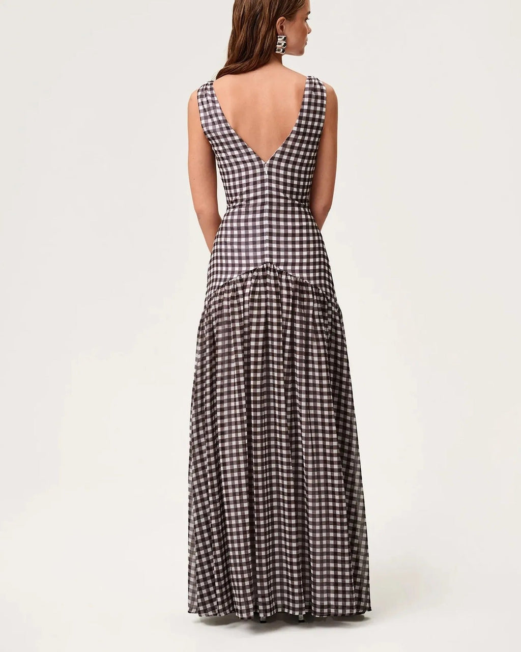 Stylish French plaid print split skirt waist sexy halter dress