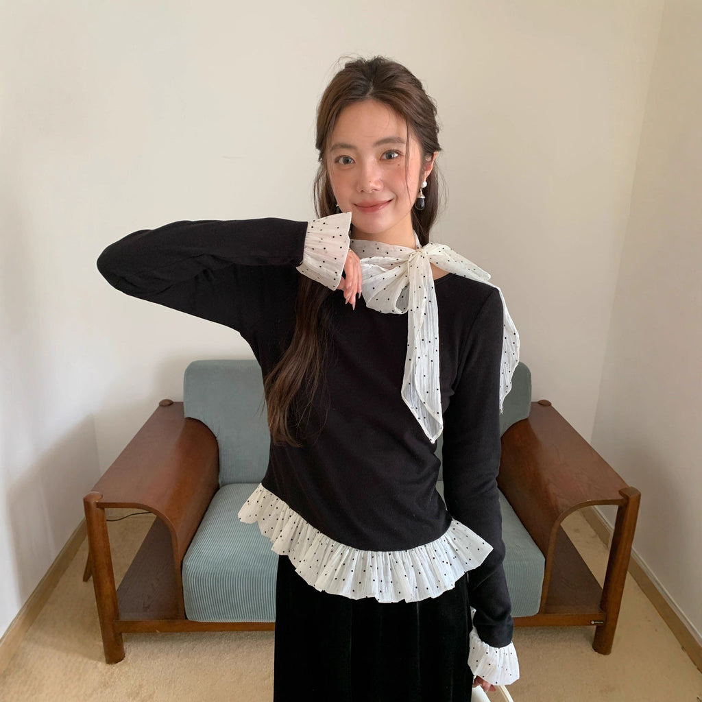 Court style sweet age-reducing bow long-sleeved knitted sweater for women
