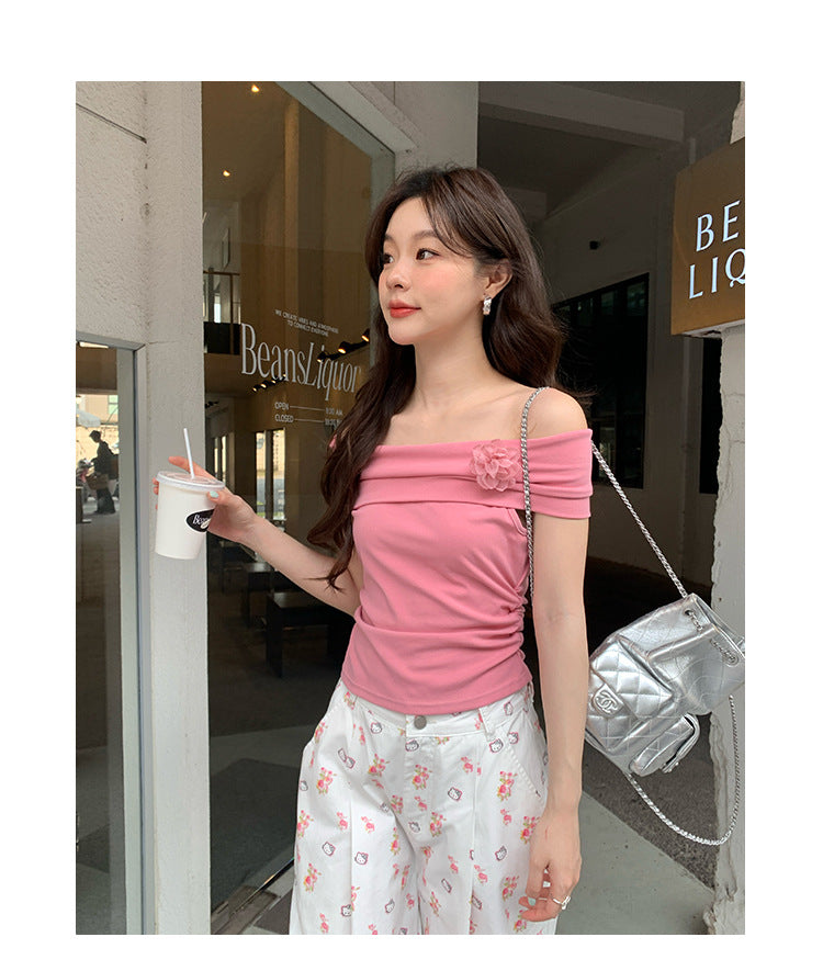 Women's Off-Shoulder Lotus-Leaf Sleeve Slim-Fit Cotton Top
