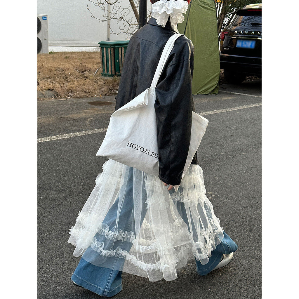Korean sweet mesh see-through suspender dress, spring new stacked blouse lace long skirt