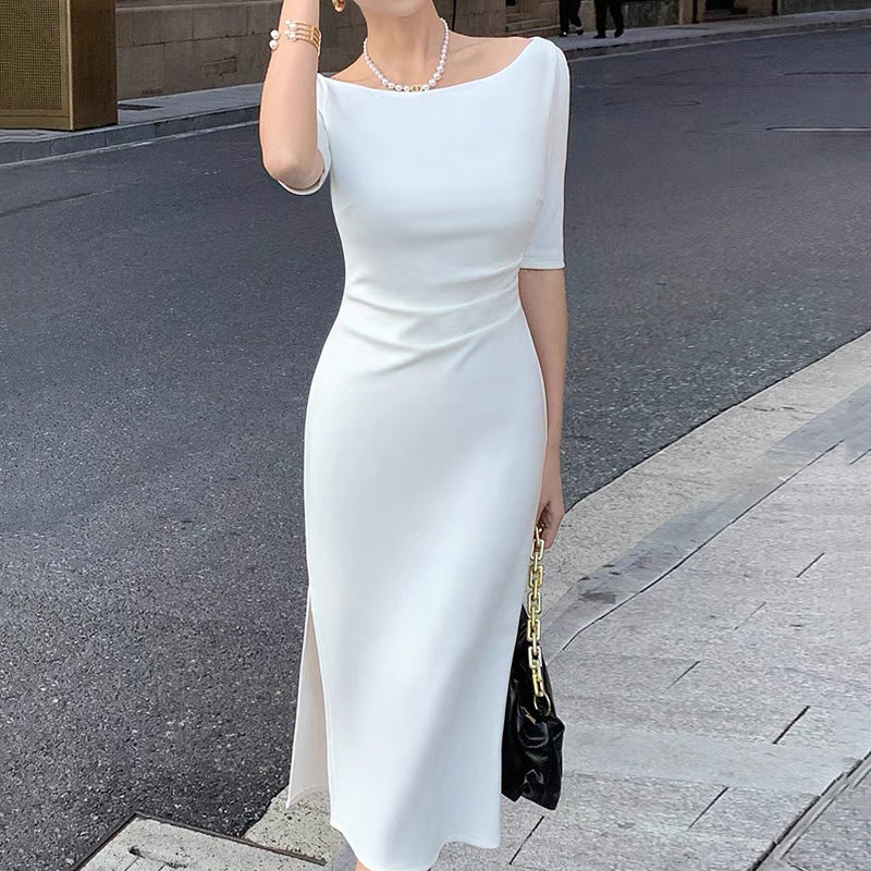 One-Shoulder Dress Women High Waist Slim Fit Pleated Bodycon Midi