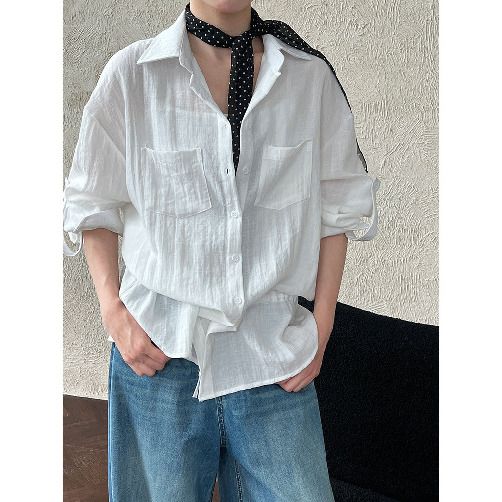 Texture lazy style shirt with waist drawstring women's summer new Korean light and thin long-sleeved shirt