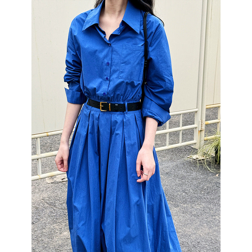 French Polo collar shirt dress women's spring new temperament high sense waist thin dress