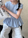 Temperament versatile splicing pleated hem lace T-shirt spring and summer new simple niche top short sleeve