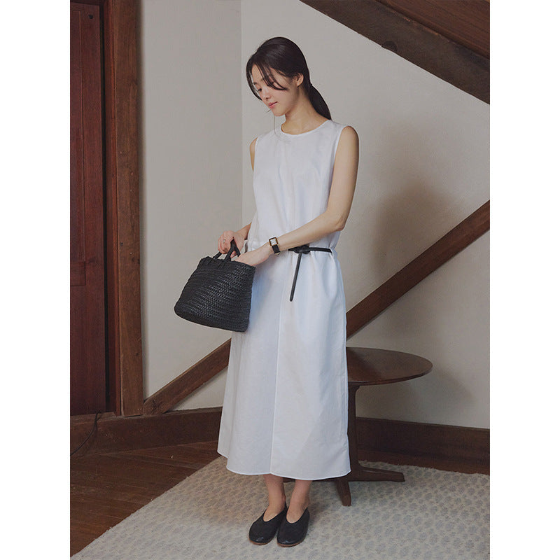 Crew neck linen cotton waist sleeveless vest dress