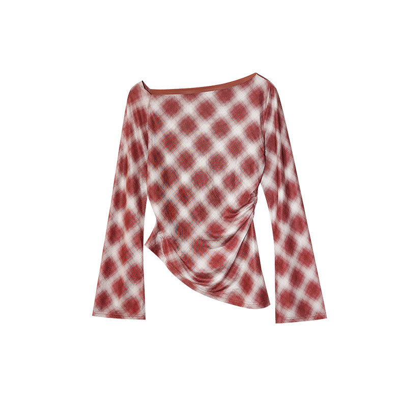 Autumn French Retro Plaid Irregular Slant Neck Off-Shoulder Long Sleeve Bottom Shirt