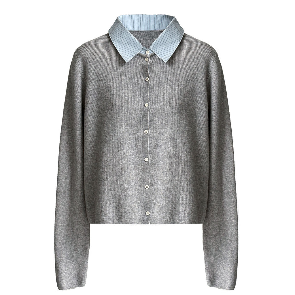 Fake two-piece splicing knitted cardigan women's Spring Festival lazy wind contrasting color shirt collar wide top