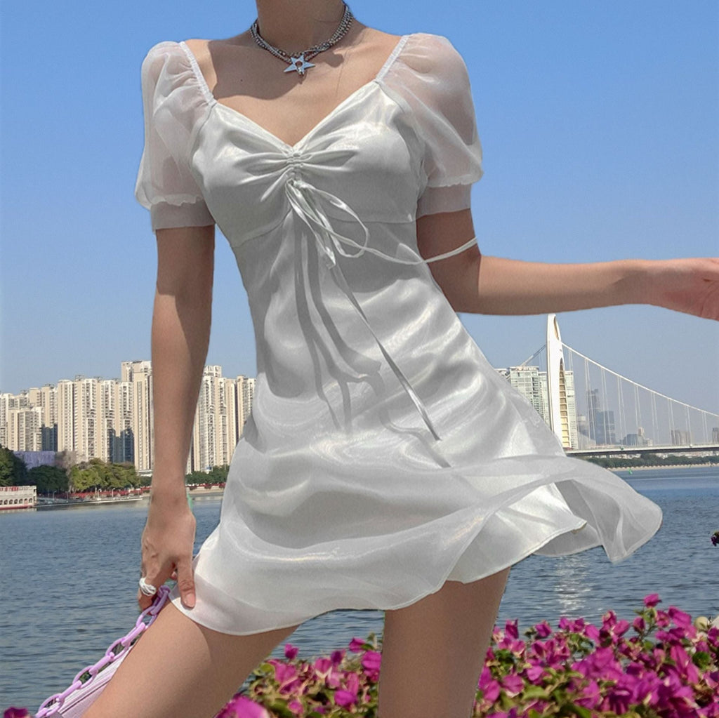 Spice Girl Vintage Waist Princess Dress Bubble Sleeves Meat Through Organza Mini Dress