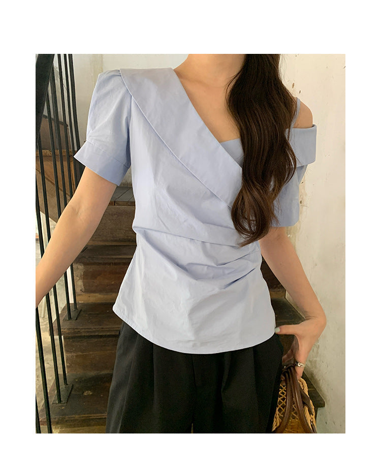 Gentle temperament design diagonal shoulder collar waist shirt