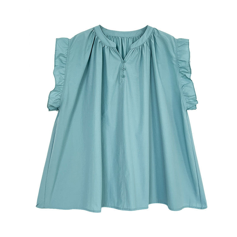Korean version casual lace lotus leaf sleeve shirt top women's summer new V-neck button pleated short sleeve