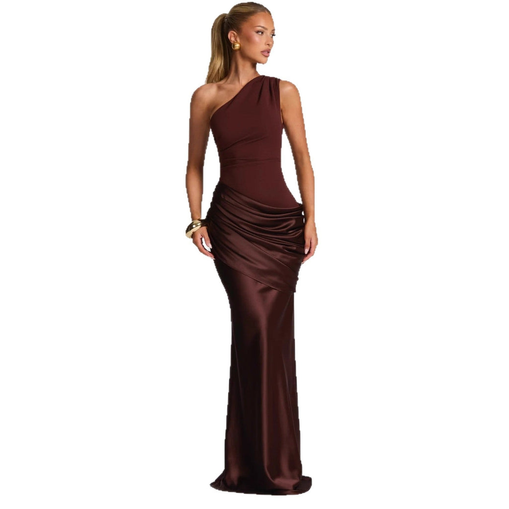 New fashion diagonal collar pleated satin strap hip skirt slim dress women