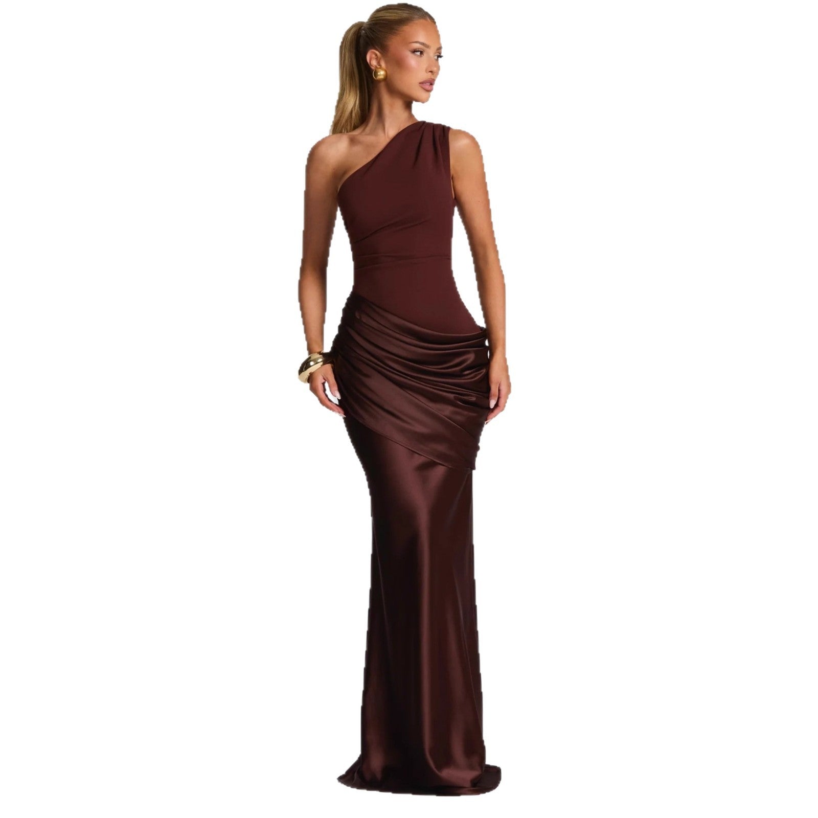 New fashion diagonal collar pleated satin strap hip skirt slim dress women