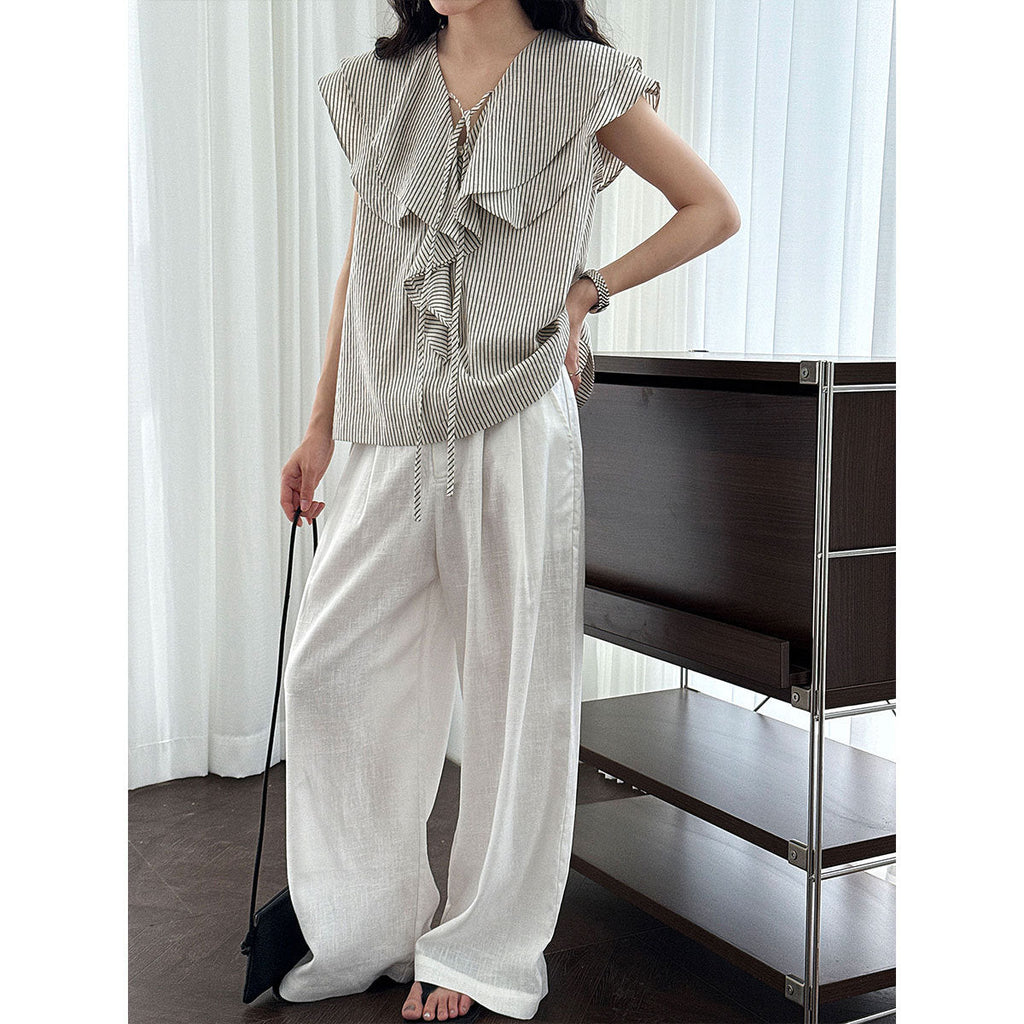 Korean design ruffle shirt women's summer new V-neck striped versatile and thin top