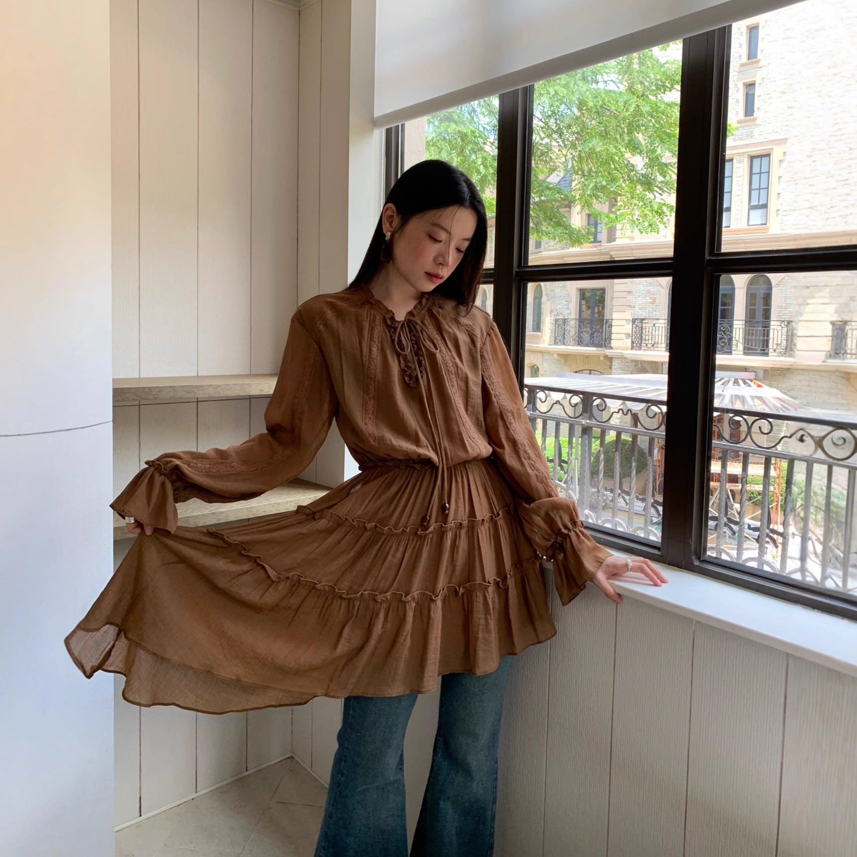 Autumn French age-reducing temperament irregular beveled hem shirt dress