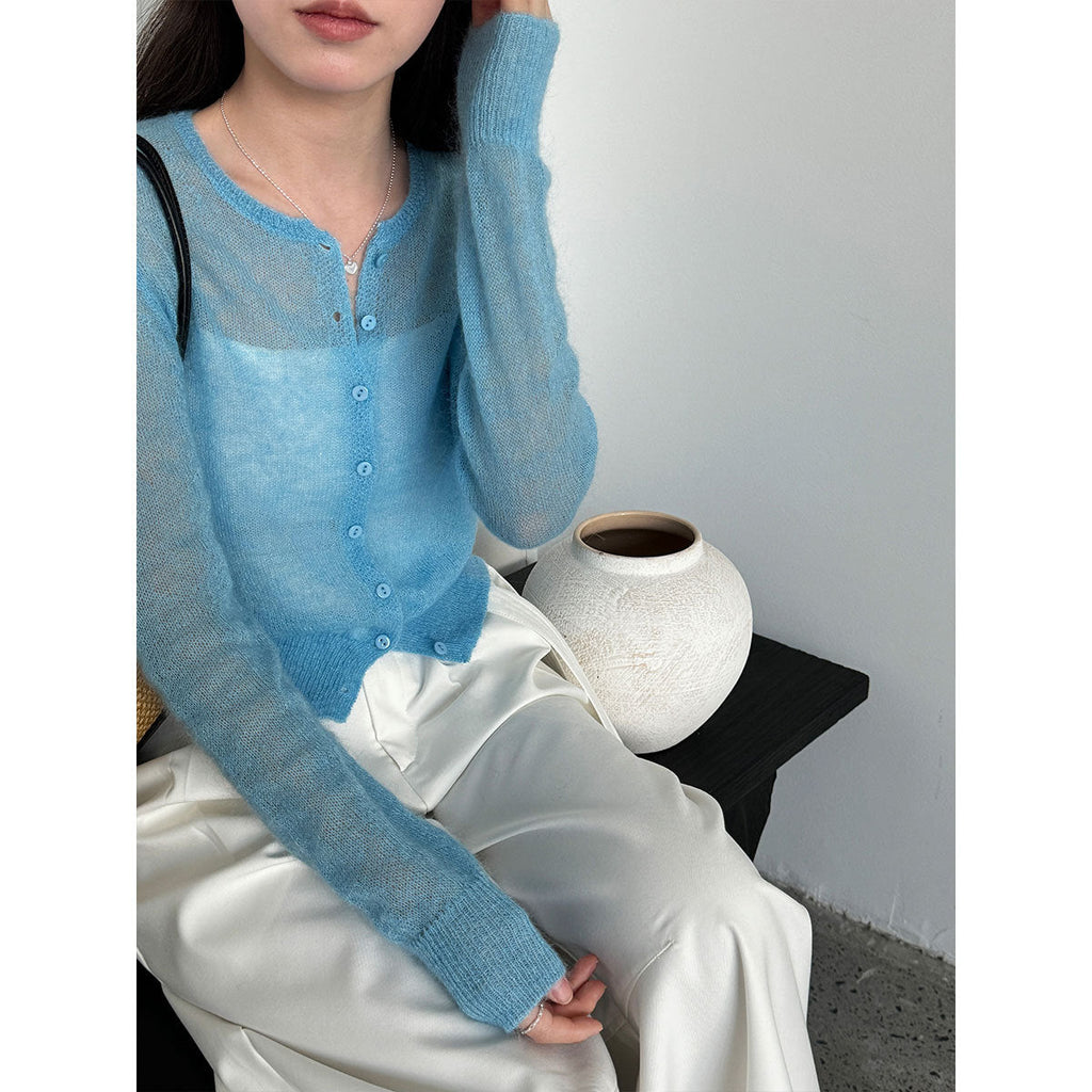 Early spring new mohair knitted cardigan women's thin slightly transparent gentle soft waxy outer coat