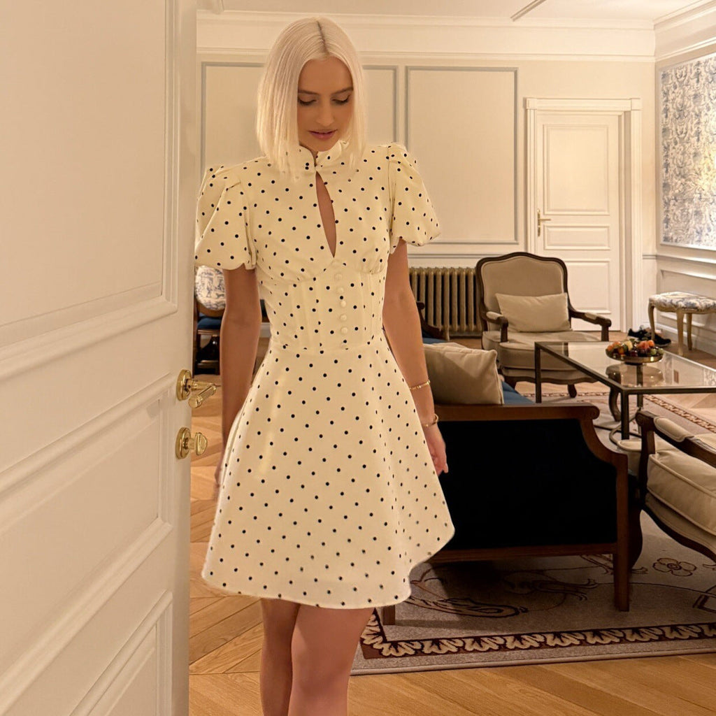 French small fragrant style hollow polka dot bubble sleeve short skirt waist slim dress