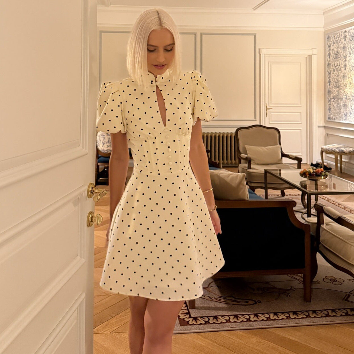 French small fragrant style hollow polka dot bubble sleeve short skirt waist slim dress