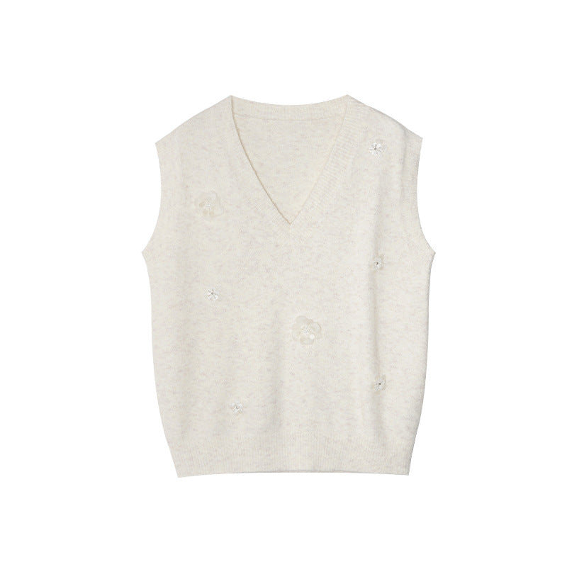 Sweet stacked three-dimensional flower wool v-neck sweater vest