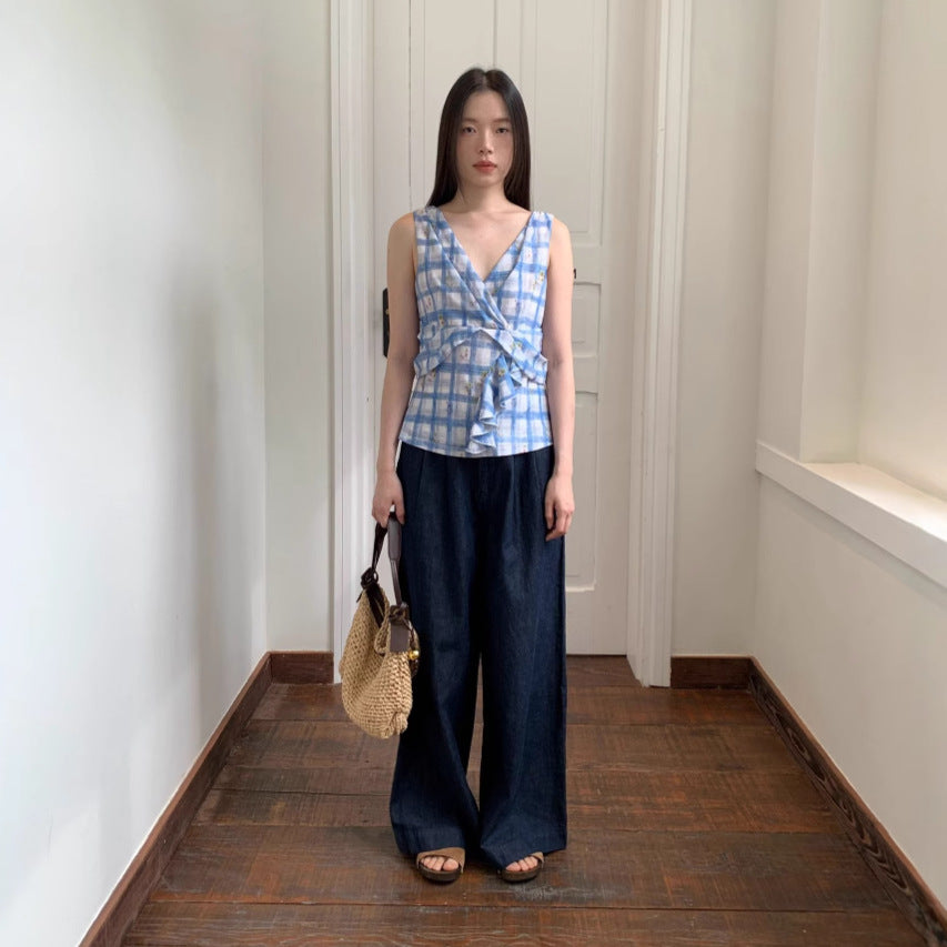 Dark blue thin and versatile loose cotton jeans and trousers