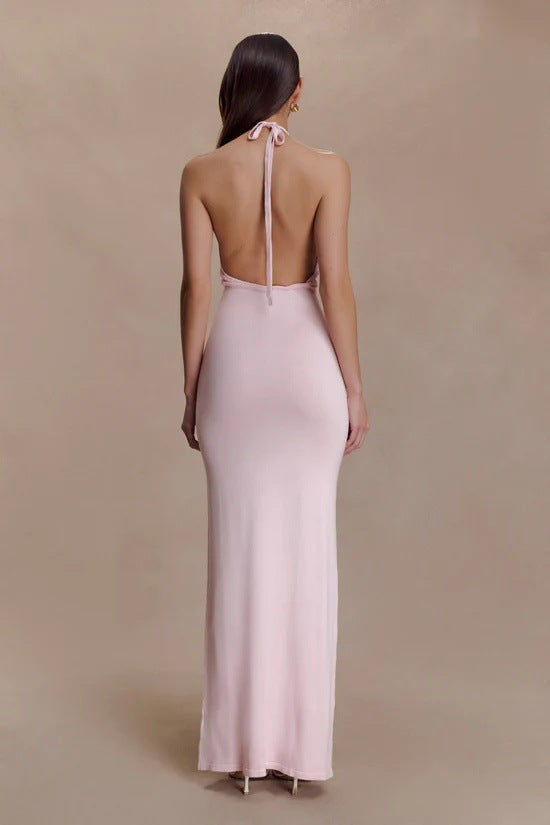 Sexy slim-fit hollowed-out neck-hanging knitted hip-wrapped skirt backless vacation dress