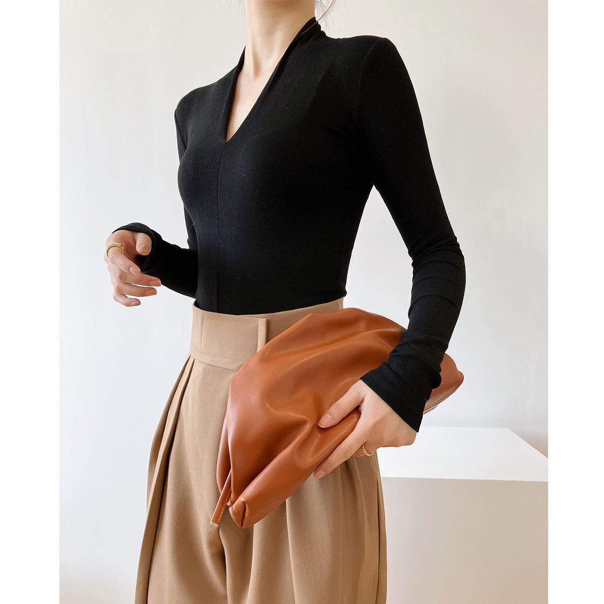 New Internet celebrity V-neck long-sleeved t-shirt female slim mind machine with bottoming shirt top