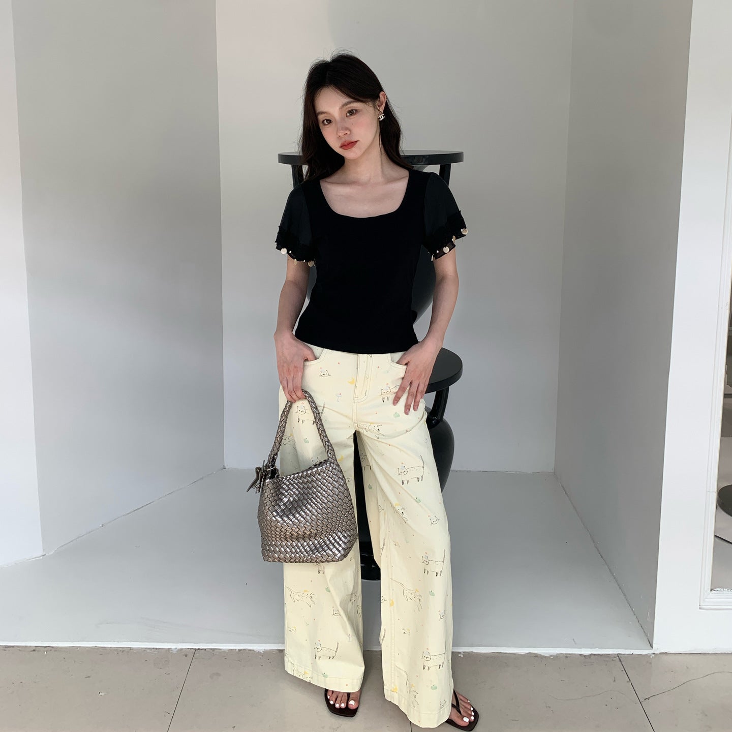 Loose Cartoon Print High Waist Straight Jeans