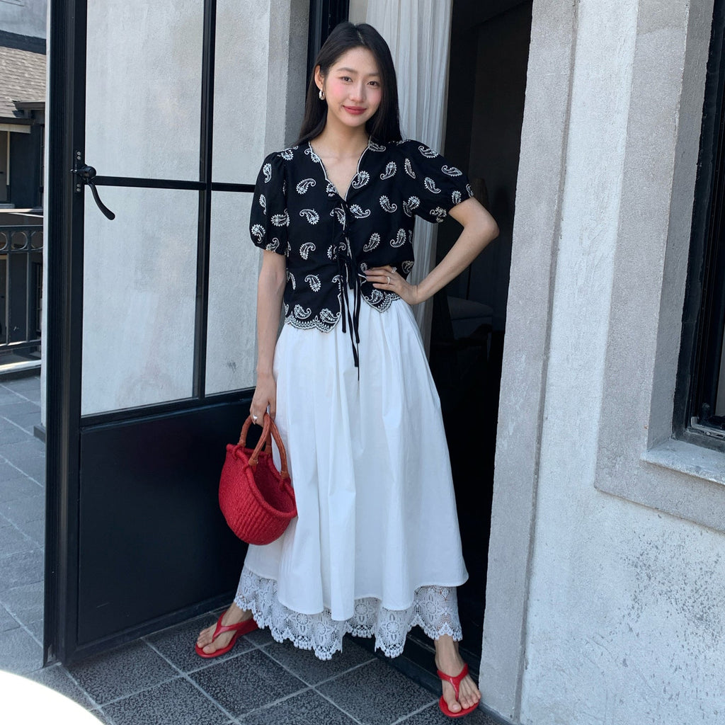 V-neck lace-up embroidered temperament shirt