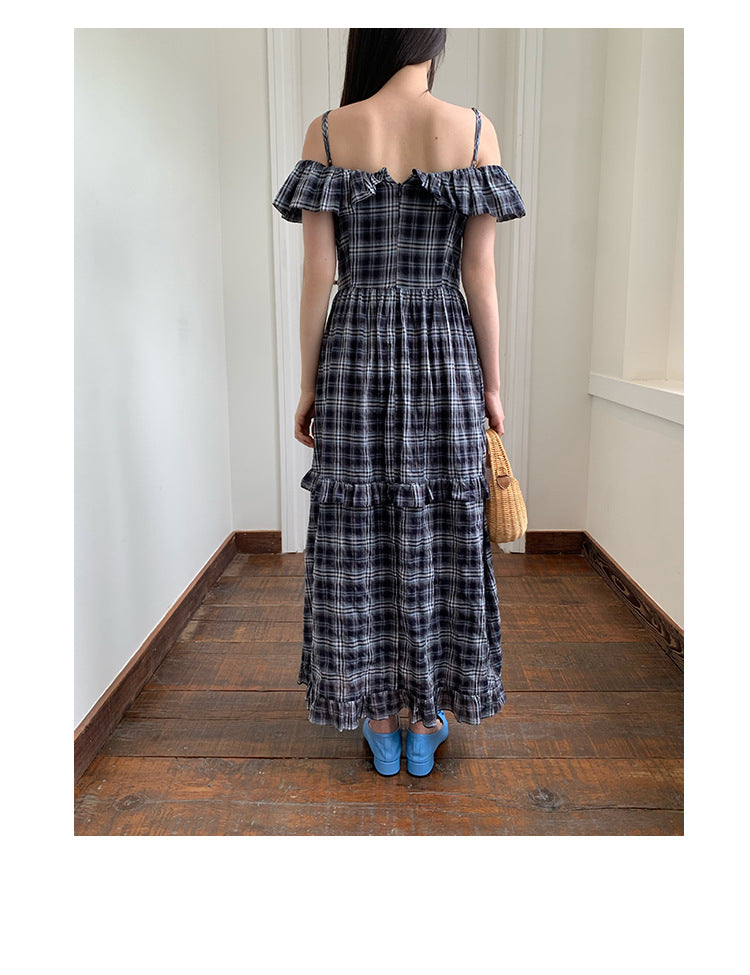 Plaid ruffle edge one-word shoulder suspender dress