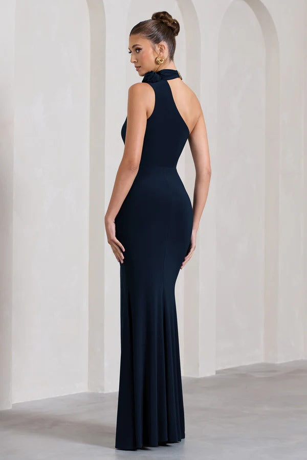 Women's new sexy slanted shoulder split skirt fashionable three-dimensional flower slim dress women