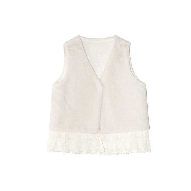 Women's V-Neck Lace Spliced Sleeveless Plush Vest