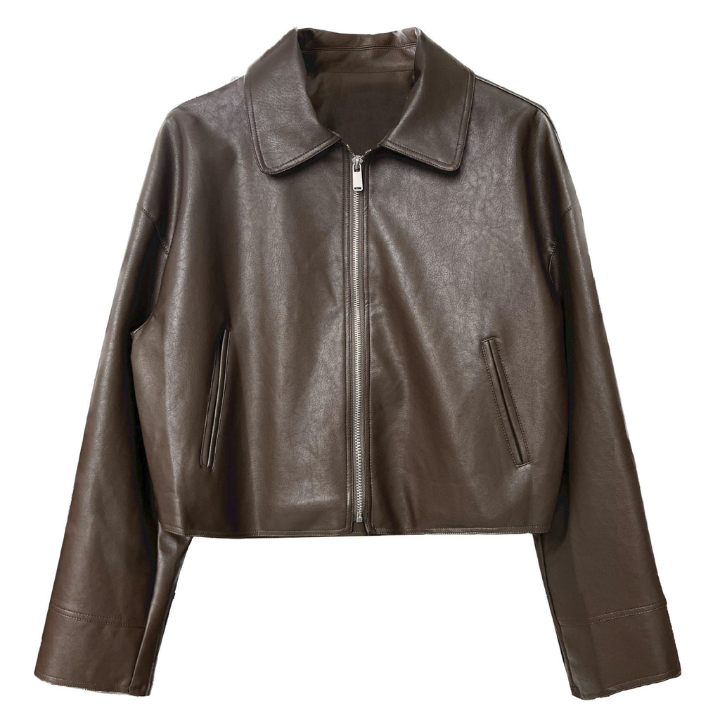 Cool and handsome high-end sense~ lapel leather jacket women's spring and autumn port style pu leather jacket locomotive top tide