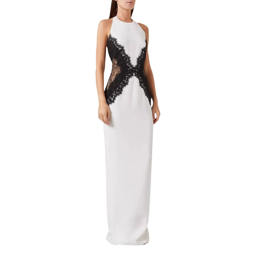 Lace splicing hollow neck long dress sexy backless slim split dress