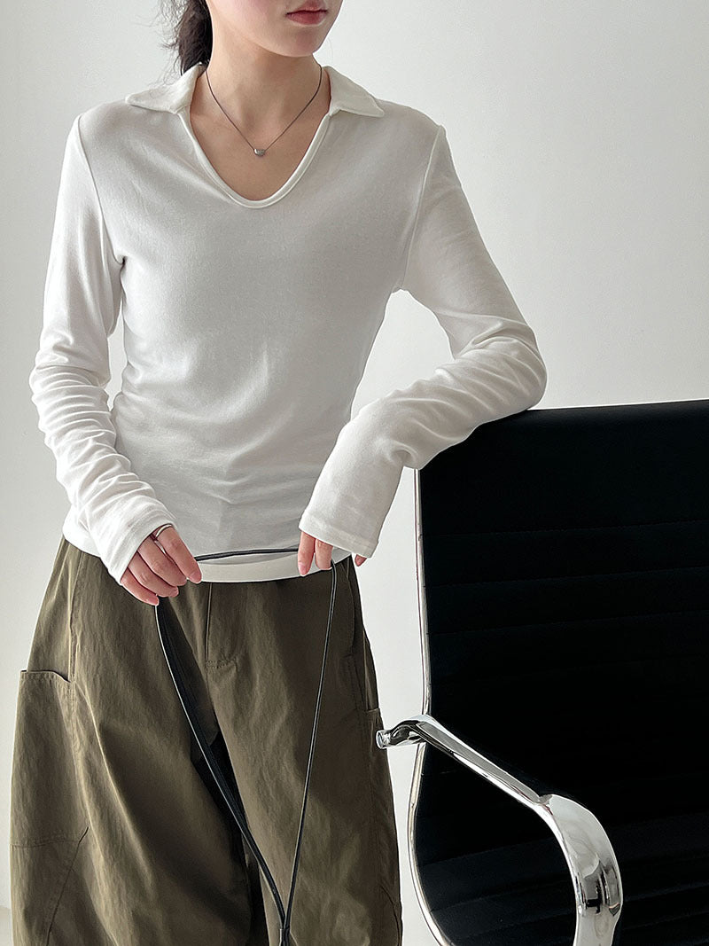 Simple design slim-fitting v-neck high-end sense thin bottoming shirt women's autumn new small lapel top