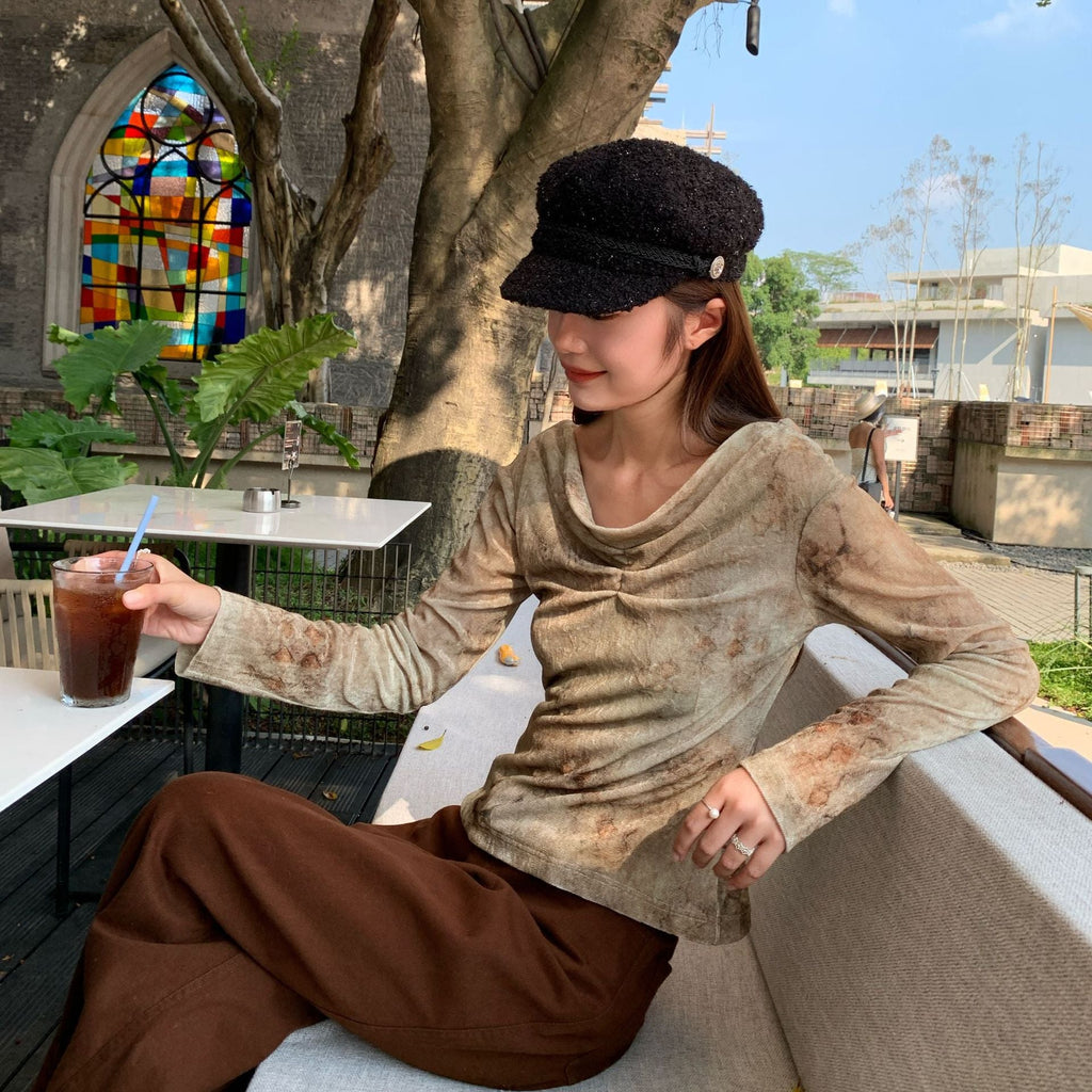 Old swinging collar slim-fitting pleated top bottoming shirt