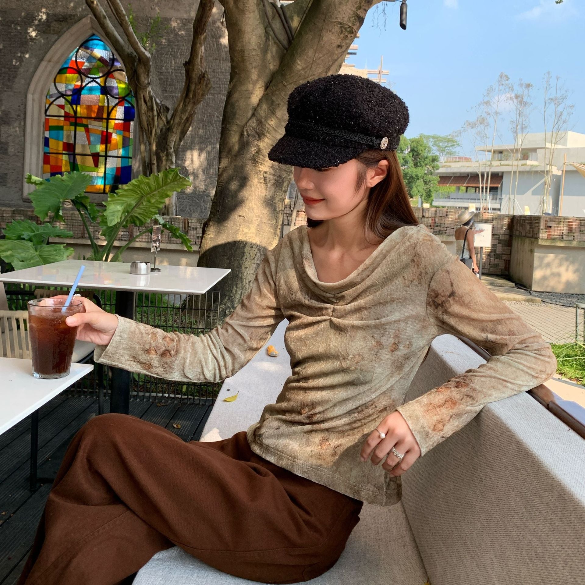 Old swinging collar slim-fitting pleated top bottoming shirt
