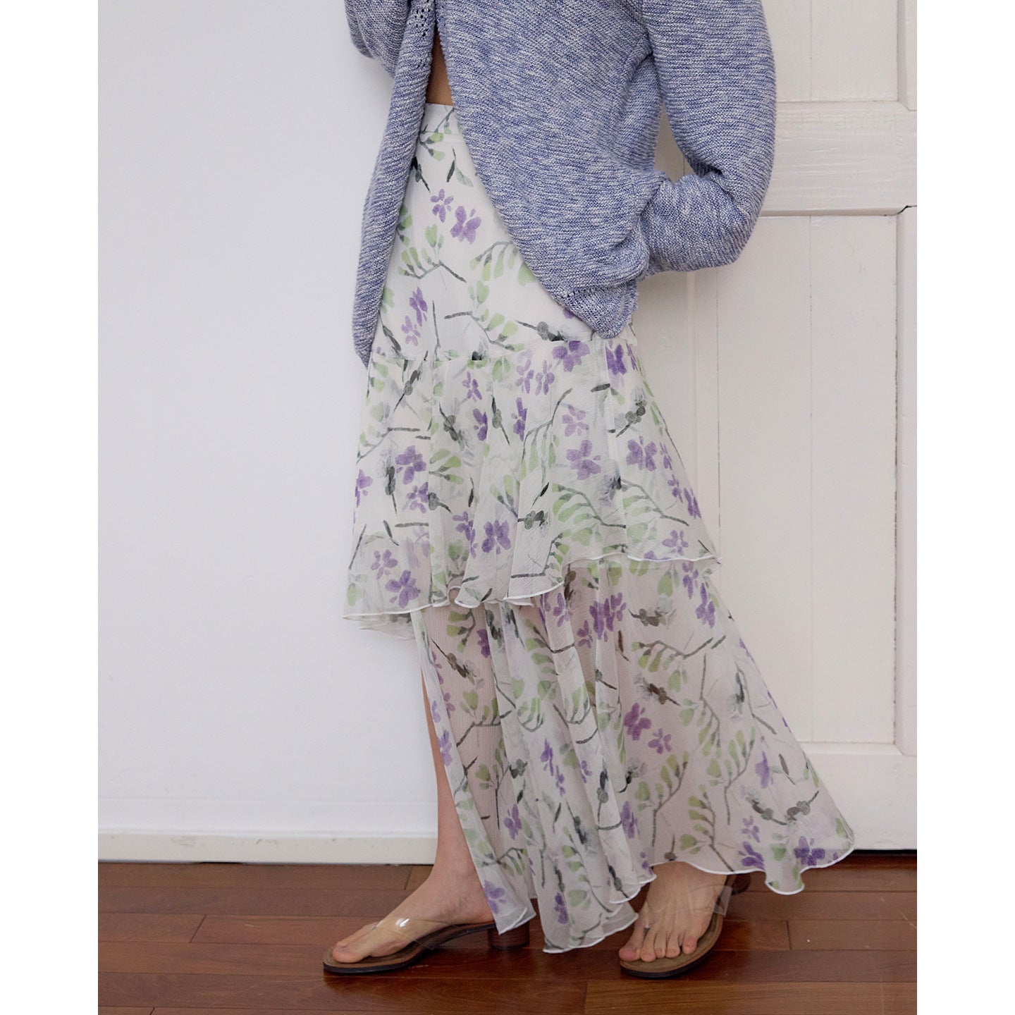 Chiffon floral irregular layered skirt