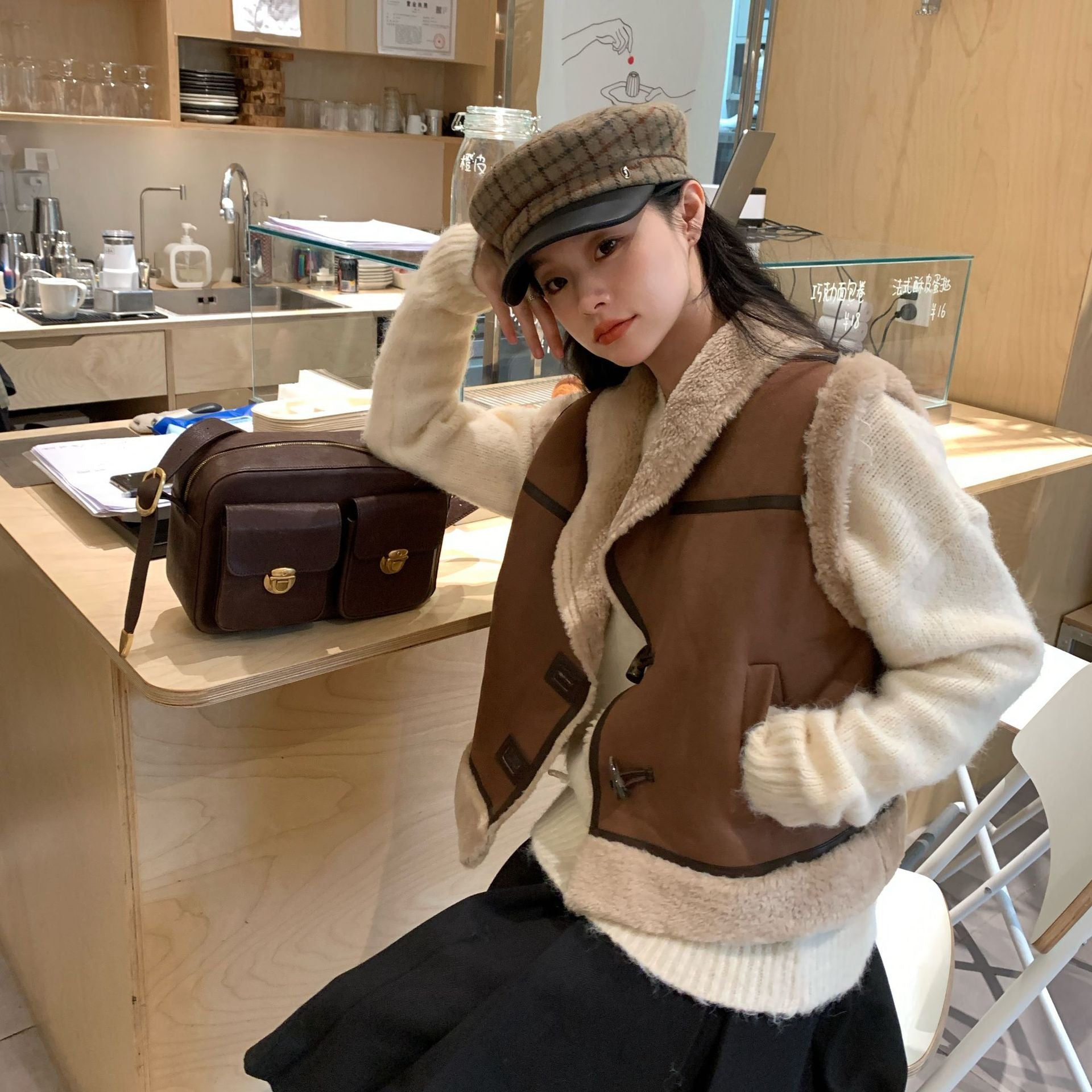Plush horn buckle fur one-piece vest jacket