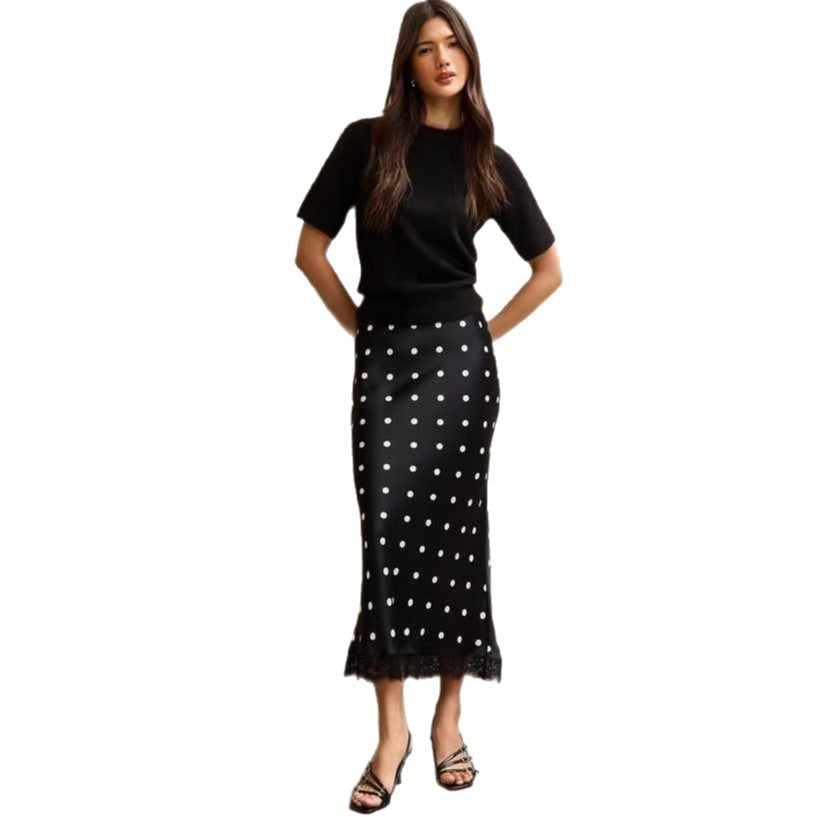 New fashion lace splicing polka dot skirt medium and long straight skirt women's high waist