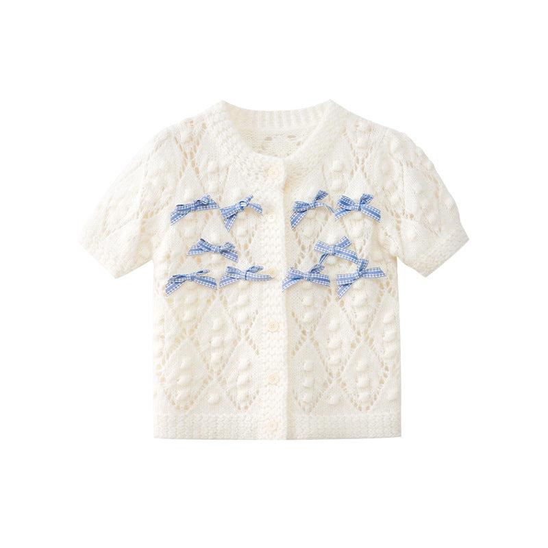 Cute sweet bow hollow short-sleeved knitted sweater