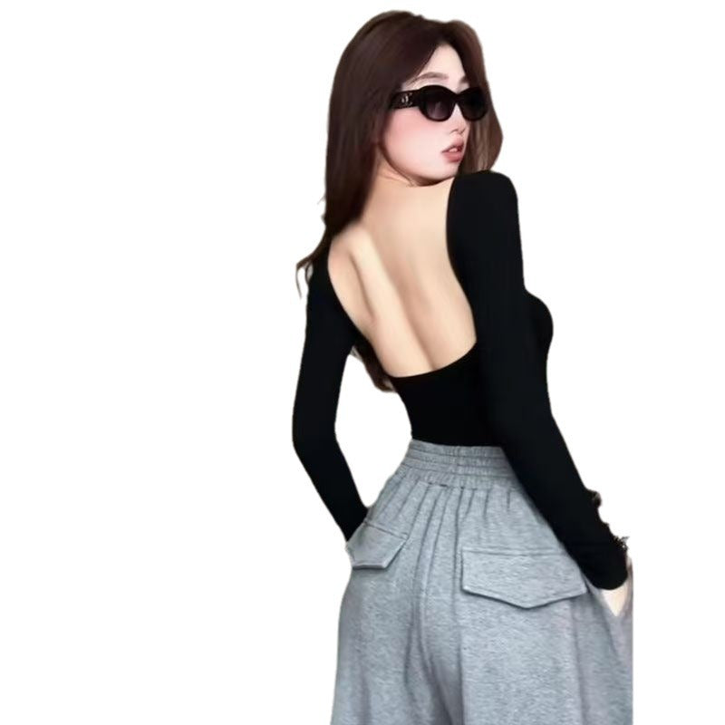 Backless Long Sleeve Top Women U-Neck Tight Fit with Chest Pad