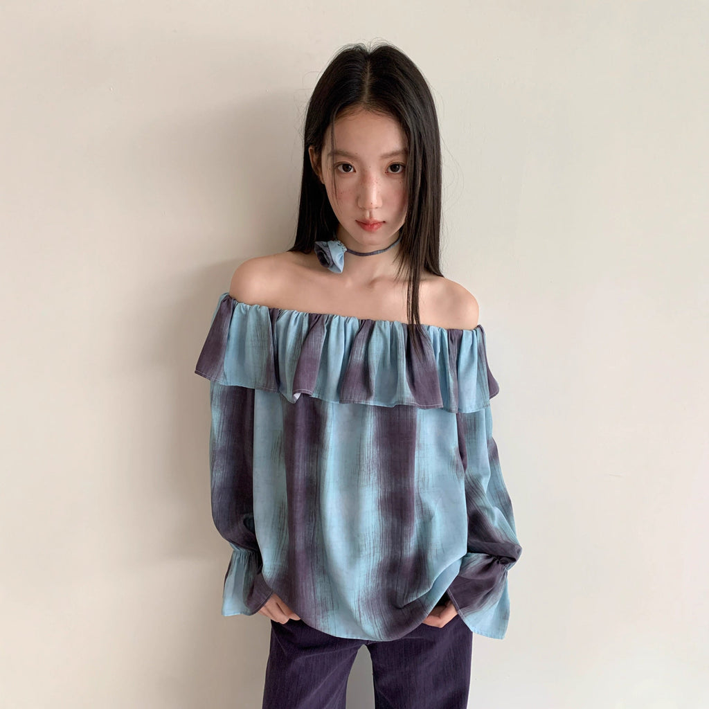 Lotus leaf edge top shoulder long sleeve gradual change tie-dye shirt