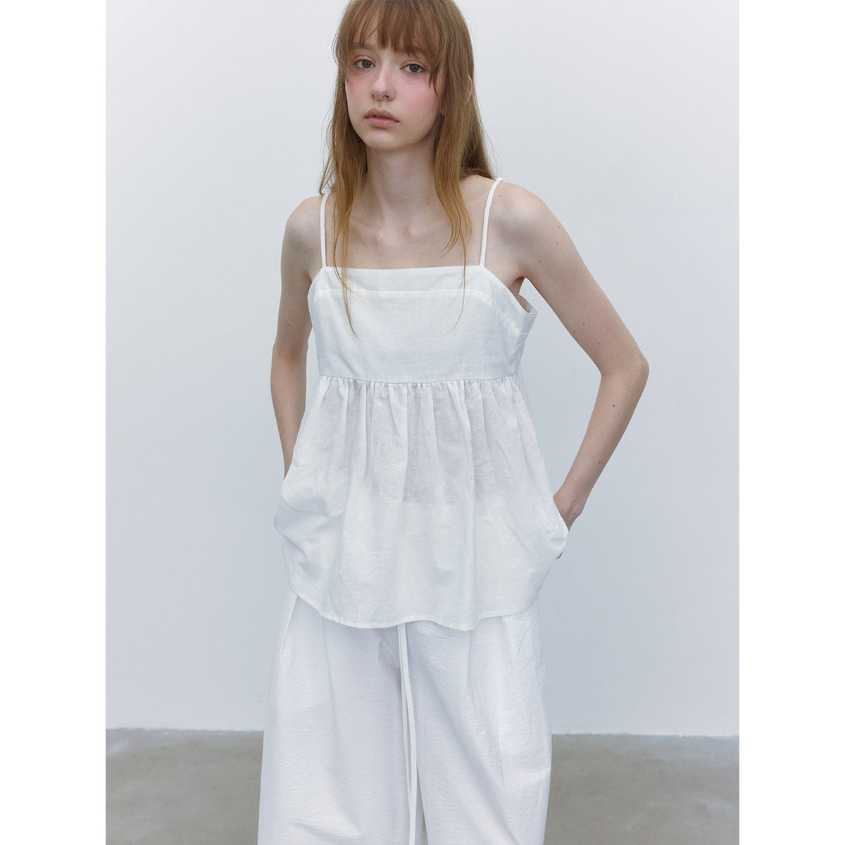 Summer casual double-root split ramie hollow solid color simple suspender top