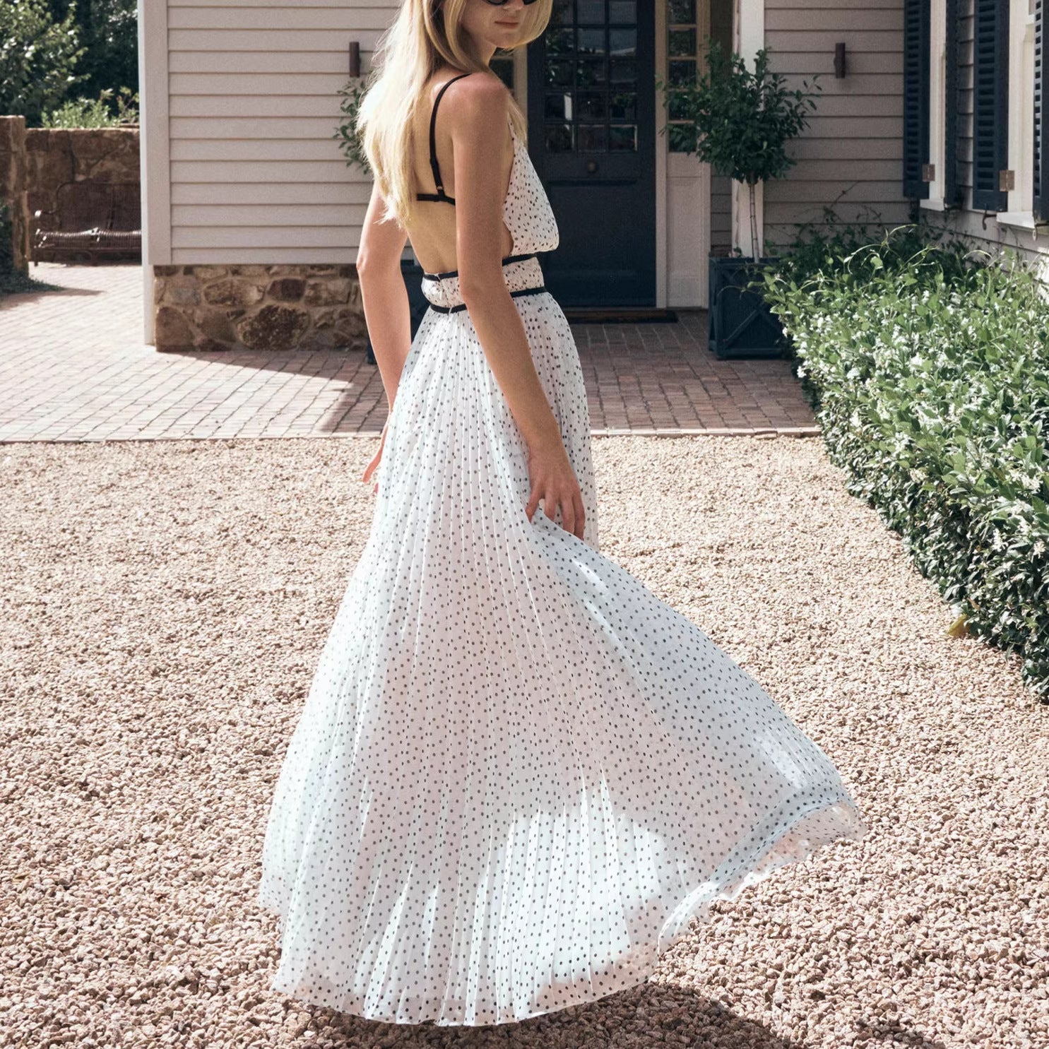 French polka dot pleated skirt waist sexy backless holiday style suspender dress