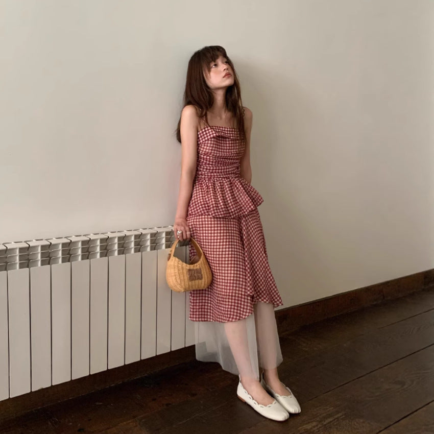 Dark red grid small fashion suit female sweet girl two-piece set