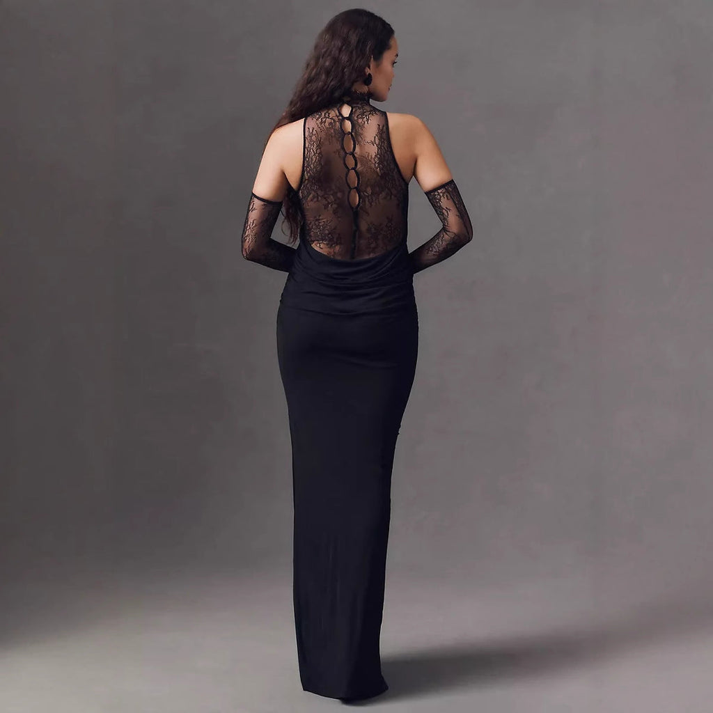 Women's new neck lace splicing dress sexy perspective Spice Girl hip skirt